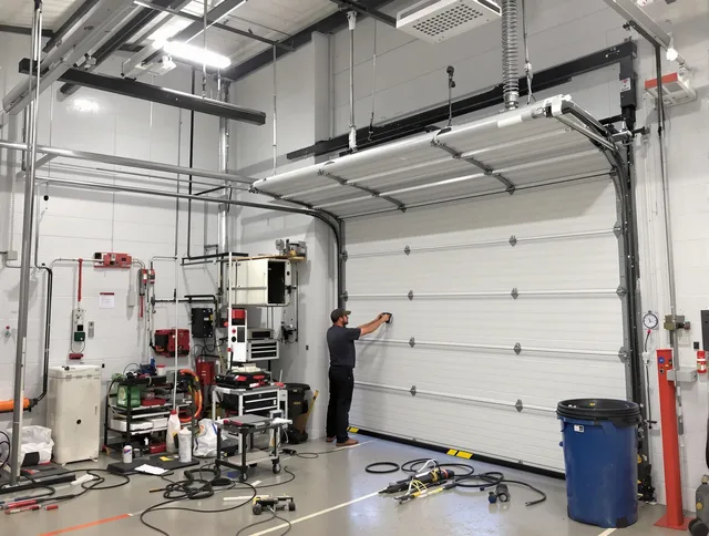 Berlin Garage Door Repair certified technician performing commercial door repair at a Berlin business facility