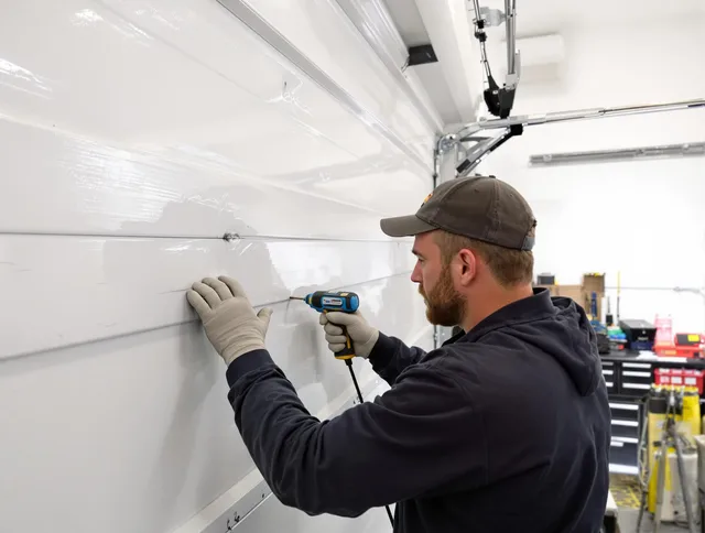 Berlin Garage Door Repair technician demonstrating precision dent removal techniques on a Berlin garage door