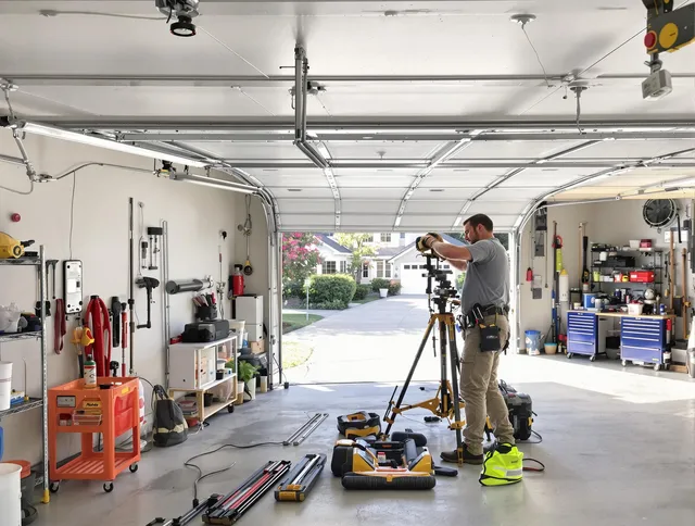 Berlin Garage Door Repair specialist performing laser-guided track alignment in Berlin